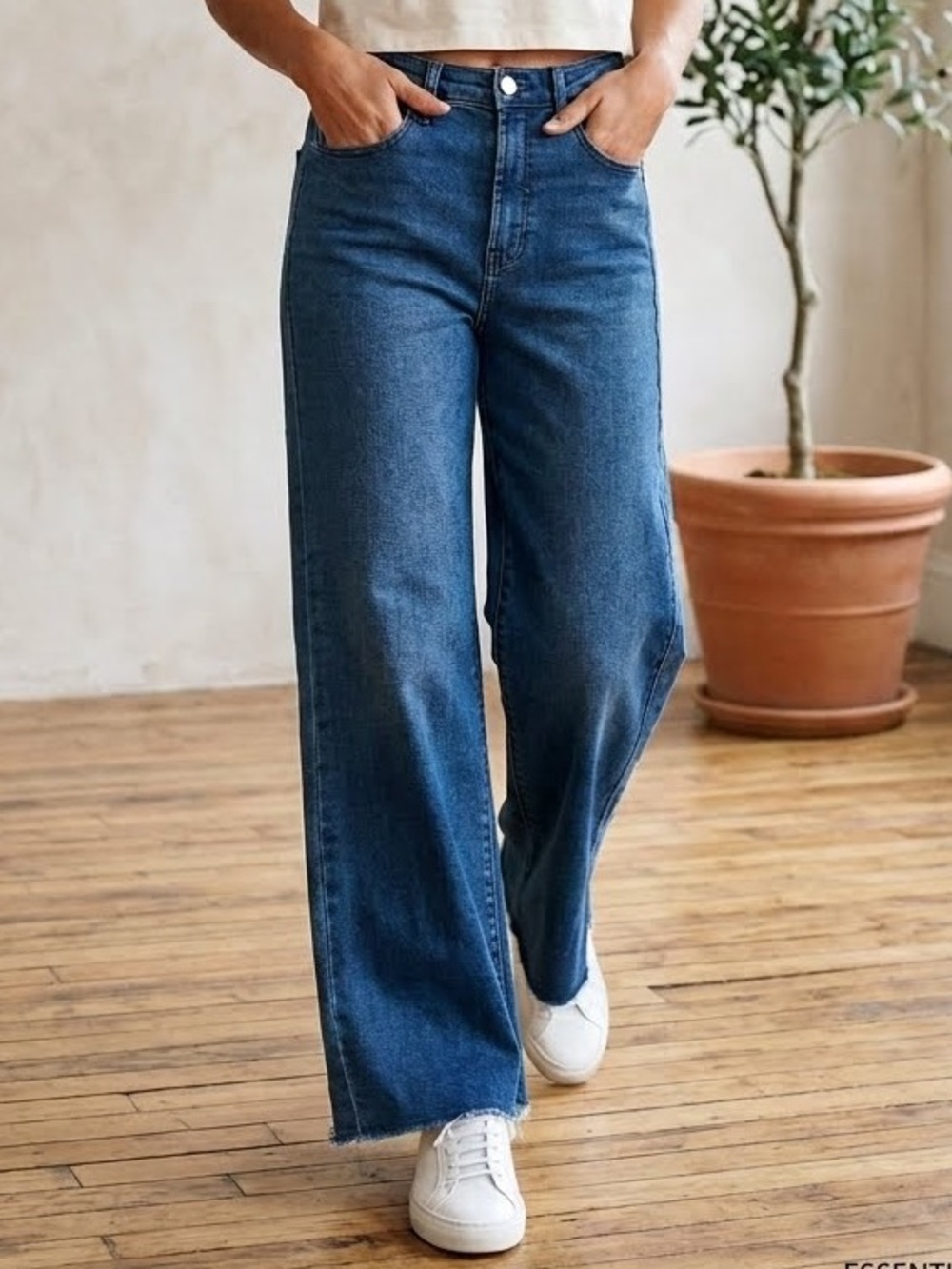 Dear John Jeans Denim Blue High-Rise Wide Leg Raw Hem inset side tuxedo panel 29